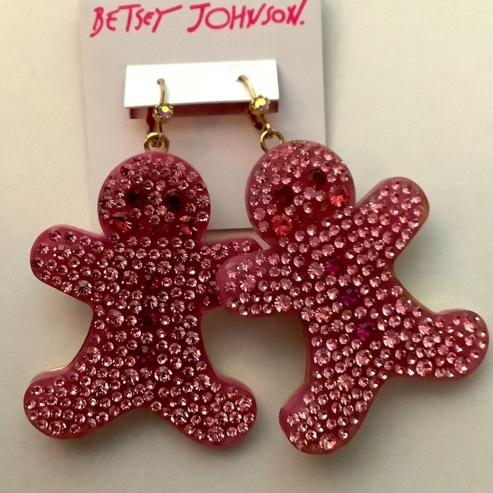 Betsey Johnson Christmas Pink Gingerbread Boy Large Earrings New